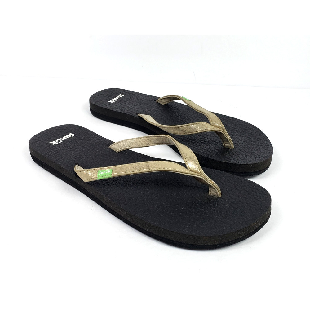 Sanuk Yoga Spree 4 Womens Size 7 Champagne Black Slip On Flip Flops Sandals